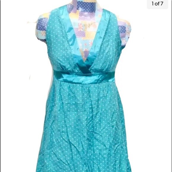 Guess Women Empire Cut Dress Turquoise Polka Dot V-Neck Sleeveless S - Picture 2 of 8